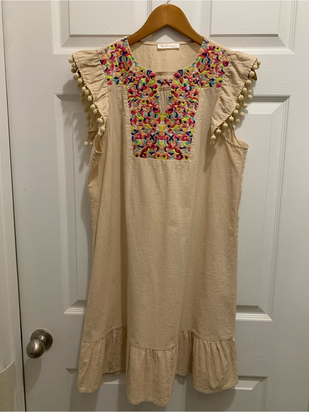 Festive Embroidered Summer Dress with PomPoms Size M